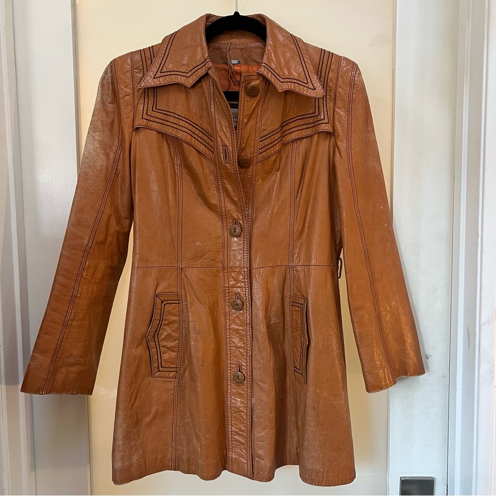 Vintage Camel Leather Duster Jacket w/ Contrast Stitching